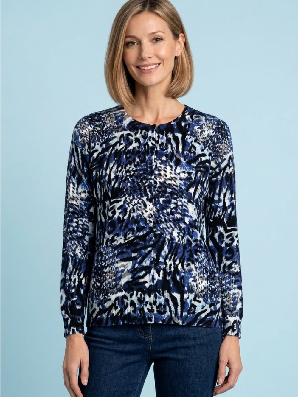 Joseph A Blue Lightweight Black White Abstract Animal Print Cardigan-XL